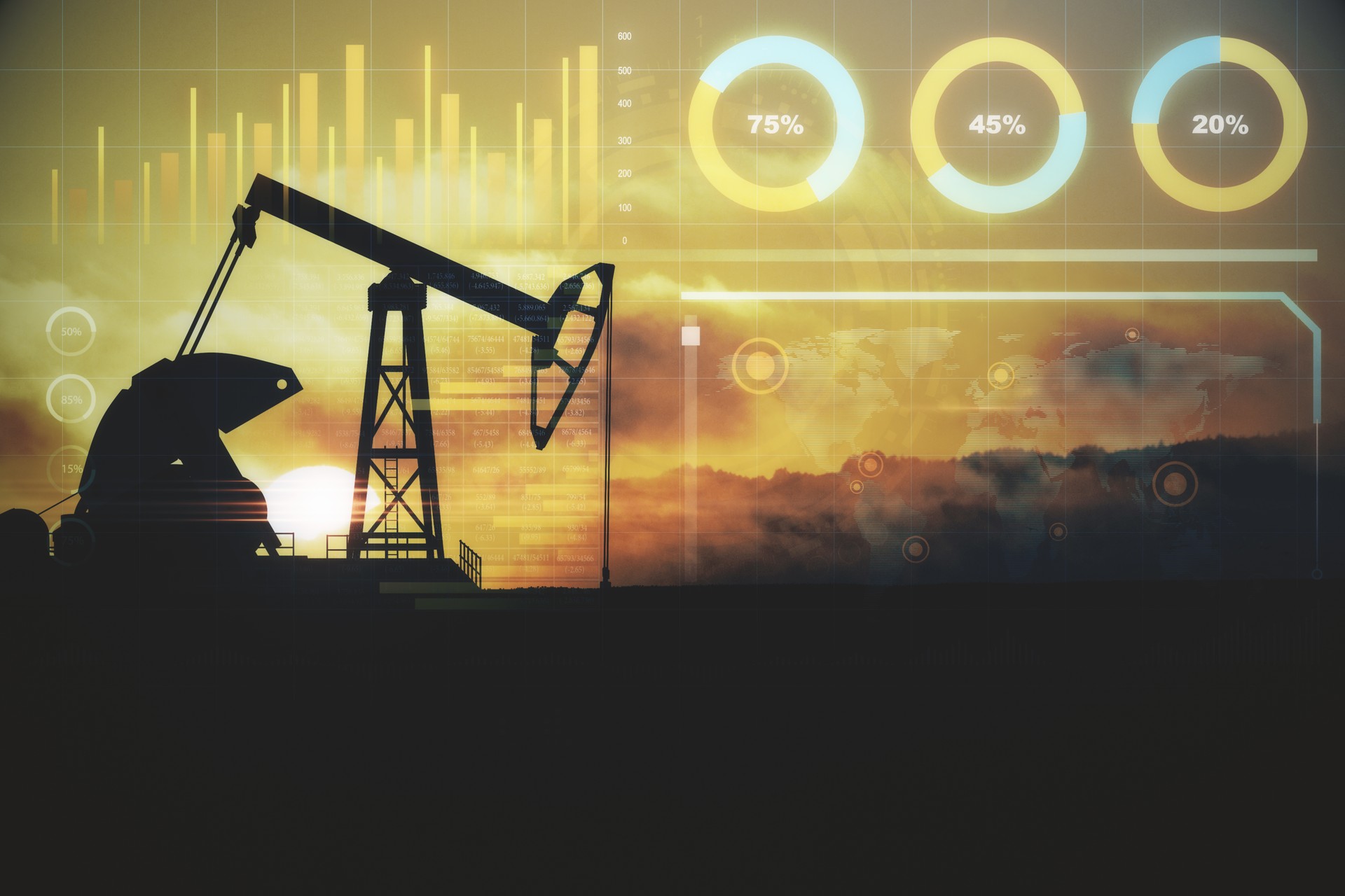 Creative oil pump jack and business chart on sunset background. Gasoline production growth concept. 3D Rendering.